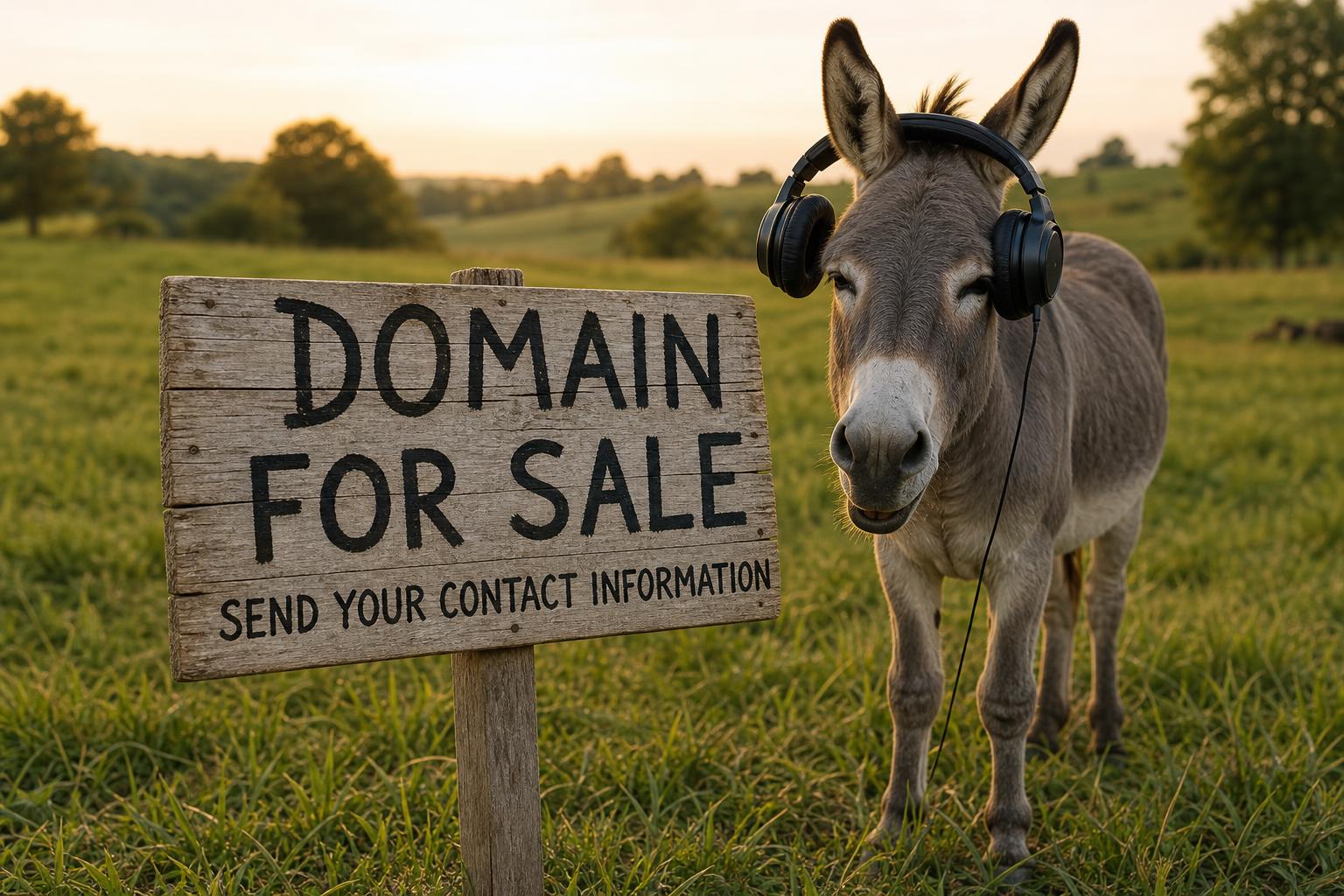 A hand-painted wooden sign in a field reading Domain for sale, send your contact information
